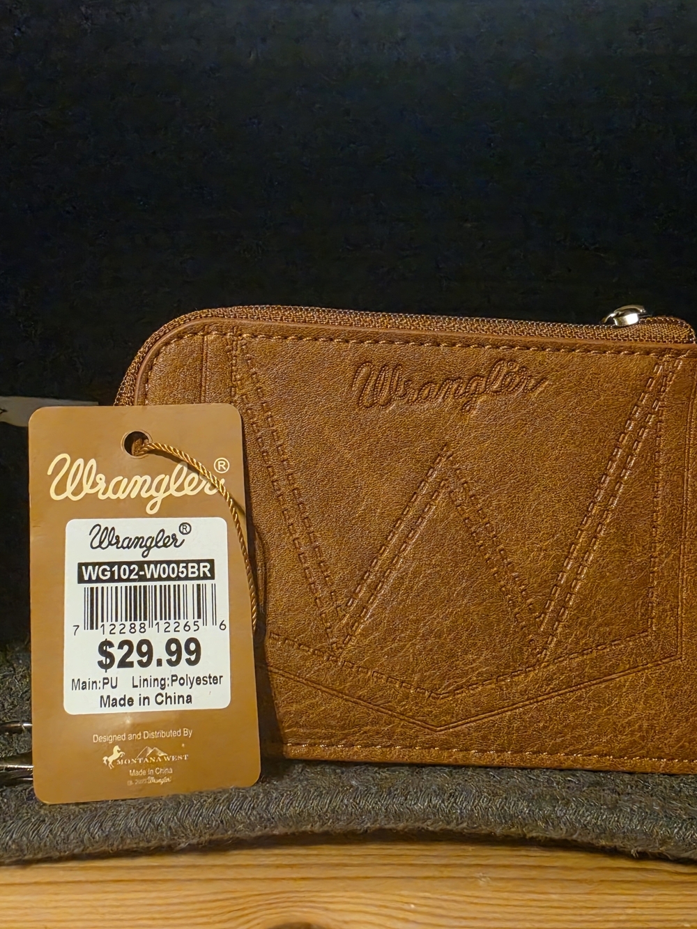Wrangler Tan Zip Wallet with Cow Print And  Embossed W Detail